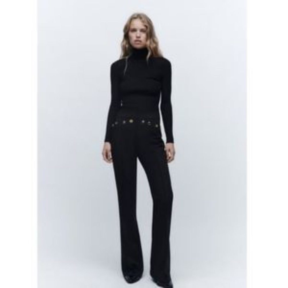 Nwt Zara Gold Metal Cresent Button black flared pant LRG MSRP $140 BLOGGERS FAV - Picture 6 of 6